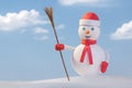 Smiling snowman in red clothes with broom