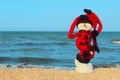 Snowman In Red Clothes Standing On The Beach.