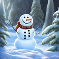 Snowman in red and green striped scarf, AI generated. Royalty Free Stock Photo