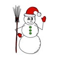 Snowman in a red hat and mittens with a broom. Color vector illustration Royalty Free Stock Photo