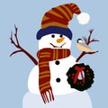 A snowman in a red hat, red gloves and a red scarf.Happy snowman with Christmas decorations.Isolated on a blue Royalty Free Stock Photo