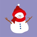 Snowman in a red hat and red scarf.Happy Snowman with Christmas decorations.Isolated on a blue background.Vector Royalty Free Stock Photo