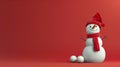 Snowman with red hat and scarf stands sideways on solid red background with two snowballs Royalty Free Stock Photo