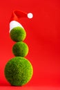 Snowman in red santa hat. Green grass balls, New Year concept.