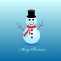 Snowman with red santa hat, scarf and mittens Isolated on blue background. Winter symbol. Christmas and New Year design Royalty Free Stock Photo