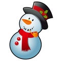 Snowman in a red scarf and black cylinder hat isolated on white background. Sketch for greeting card, festive poster or