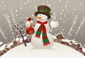 Snowman with a red scarf and hat against the winter landscape Royalty Free Stock Photo