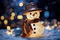 Snowman with red scarf and hat in winter scene