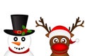 Snowman and Reindeer peeking sideways on a white background vect