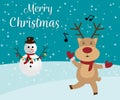 Snowman and reindeer red-nosed cute cartoon with greeting banner snowy winter background. Christmas card. Vector Royalty Free Stock Photo