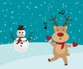 Snowman and reindeer red-nosed cute cartoon with greeting banner snowy winter background. Christmas card. Vector Royalty Free Stock Photo