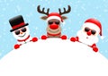 Snowman Reindeer And Santa Sunglasses Round Banner Snow Blue