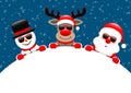 Snowman Reindeer And Santa Sunglasses Round Banner Snow Dark Blue