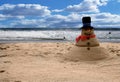 Snowman Sandman Beach Scene (Add Family For Portraits) Royalty Free Stock Photo