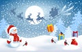 Snowman in Santa cap with gift boxes against winter forest background and Santa Claus in sleigh with reindeer team flying in the Royalty Free Stock Photo