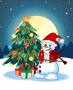 Snowman With Santa Claus Costume Playing The Violin With Christmas Tree And Full Moon At Night Background For Your Design Vector I
