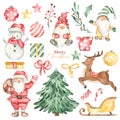 Watercolor christmas set with snowman, santa claus, deer, christmas gnomes, sleigh, gifts, christmas decorations, christmas tree 1 Royalty Free Stock Photo