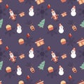 Snowman, Santa Claus, Deer head, Christmas tree, decorative ball, cupcake seamless pattern background. Best for winter holiday Royalty Free Stock Photo