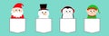 Snowman Santa Claus Elf Penguin bird round head face icon set. T-shirt pocket. New Year. Merry Christmas. Cute cartoon funny