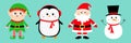 Snowman Santa Claus Elf Penguin set. Happy New Year. Merry Christmas. Red green black hat. Cute cartoon funny kawaii baby Royalty Free Stock Photo