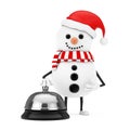 Snowman in Santa Claus Hat Character Mascot with Hotel Service Bell Call . 3d Rendering Royalty Free Stock Photo