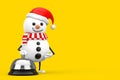 Snowman in Santa Claus Hat Character Mascot with Hotel Service Bell Call . 3d Rendering Royalty Free Stock Photo