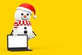 Snowman in Santa Claus Hat Character Mascot and Modern Laptop Notebook Computer with Blank Screen for Your Design. 3d Rendering