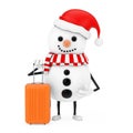 Snowman in Santa Claus Hat Character Mascot with Orange Travel Suitcase. 3d Rendering