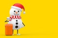 Snowman in Santa Claus Hat Character Mascot with Orange Travel Suitcase. 3d Rendering