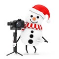 Snowman in Santa Claus Hat Character Mascot with Red Heart and DSLR or Video Camera Gimbal Stabilization Tripod System. 3d