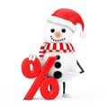 Snowman in Santa Claus Hat Character Mascot with Red Retail Percent Sale or Discount Sign. 3d Rendering Royalty Free Stock Photo
