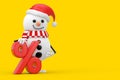 Snowman in Santa Claus Hat Character Mascot with Red Retail Percent Sale or Discount Sign. 3d Rendering Royalty Free Stock Photo