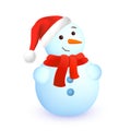 Snowman with Santa Claus hat and red scarf isolated on white background. Winter season. Vector illustration Royalty Free Stock Photo
