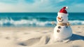 Snowman in a Santa Claus hat on a sandy white beach on the Caribbean Sea. Celebration of the New Year in warm countries Royalty Free Stock Photo