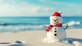 Snowman in a Santa Claus hat on a sandy white beach on the Caribbean Sea. Celebration of the New Year in warm countries Royalty Free Stock Photo