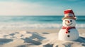 Snowman in a Santa Claus hat on a sandy white beach on the Caribbean Sea. Celebration of the New Year in warm countries Royalty Free Stock Photo