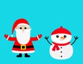 Snowman and Santa Claus icon. Merry Christmas. Cute cartoon kawaii funny baby character. Hands up. Blue background. Greeting card Royalty Free Stock Photo