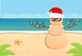 Snowman Santa Claus on a sandy tropical beach Royalty Free Stock Photo