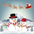 Snowman and santa claus in winter village Royalty Free Stock Photo