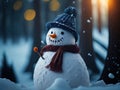 Snowman with scarf beannie and a carrot nose. ai generative Royalty Free Stock Photo