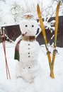 Winter Snowman with scarf and skiing. Christmas Snowman in hat with tobacco pipe .