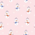 Snowman seamless vector pattern with cute snowmen, snowflakes on pink. Winter holidays repeating background flat Scandinavian Royalty Free Stock Photo