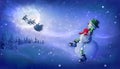 Snowman sees off Santa`s magic sleigh with reindeer flying at night over fairy forest and huge moon. Merry Christmas and Royalty Free Stock Photo