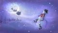 Snowman sees off Santa's magic sleigh with reindeer flying at night over fairy forest and huge moon. Merry Christmas Royalty Free Stock Photo