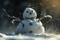 A snowman sits in the center of a vast snowy field, surrounded by untouched white snow, An alien snowman with six arms, AI Royalty Free Stock Photo