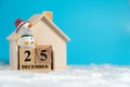 Snowman sitting on wooden block calendar set on 25 December on white wool in front of Wooden house. Copy space for text or content