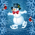 Snowman skates in cylinder hat and bullfinch