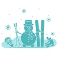 Snowman with ski and hockey equipment.