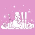Snowman with ski and hockey equipment.
