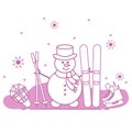 Snowman with ski and hockey equipment.